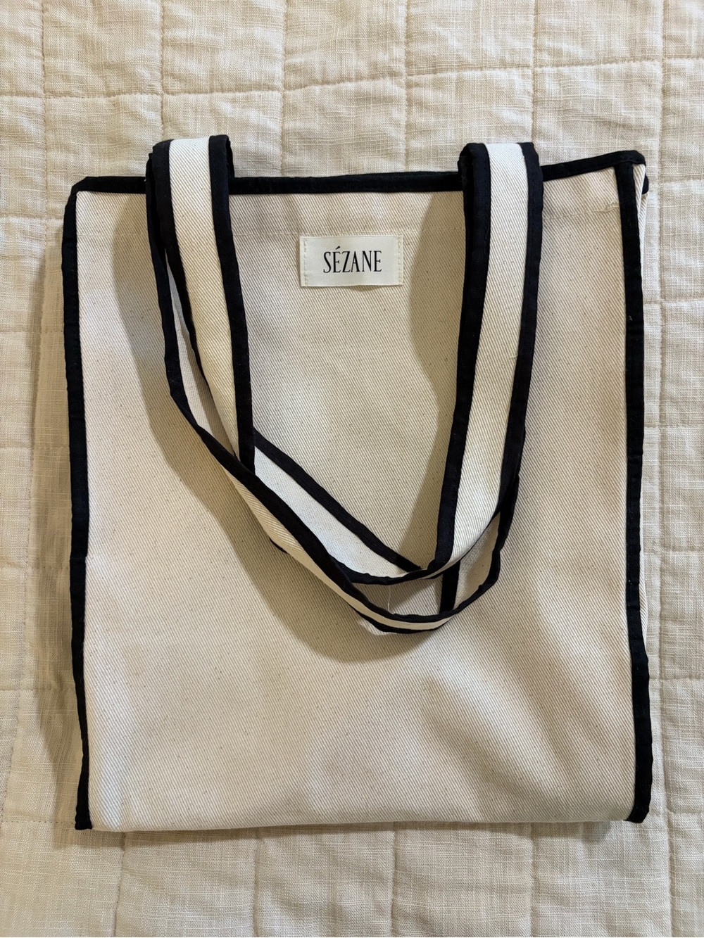 Sezane Canvas Tote Bag in Cream with Black Trim